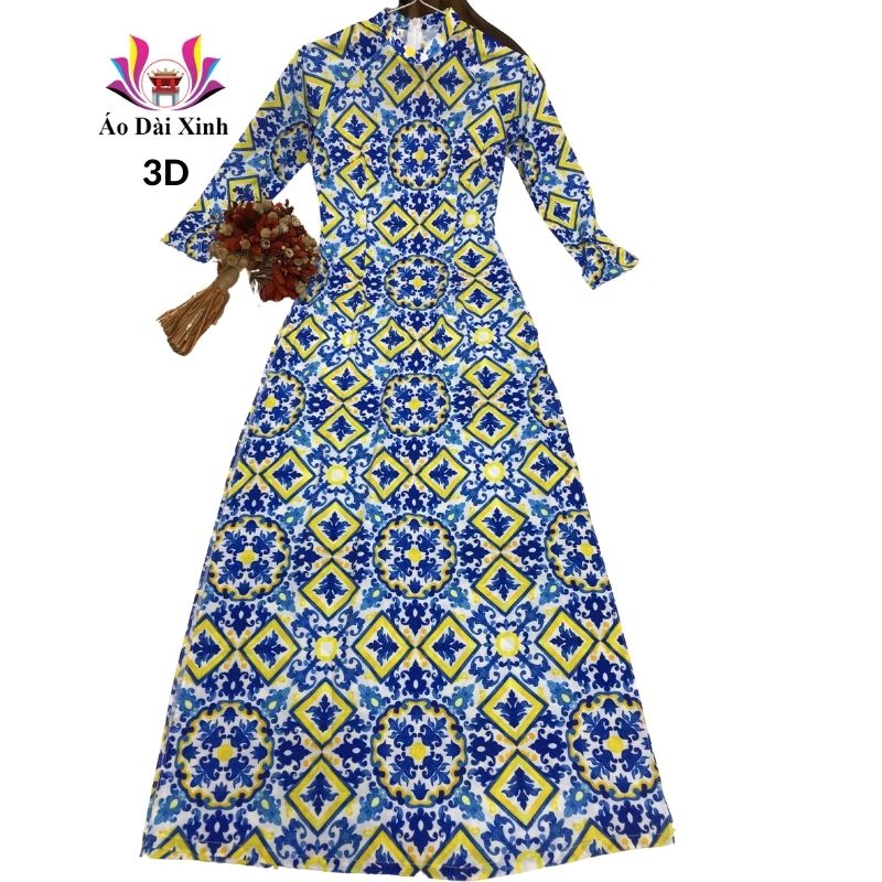 Áo dài truyền thống in 3D cổ 2cm tay lỡ xanh vàng họa tiết vuông tròn