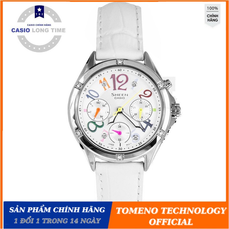Đồng Hồ Nữ Casio Sheen SHE-3031L-7AUDR Mặt Đính Đá Cao Cấp - Dây Da Màu Trắng , TOMENO