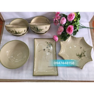 Bộ đồ ăn men kem vẽ chuồn tre