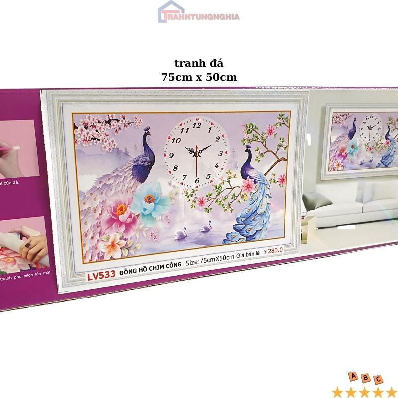 Tranh đính đá, tranh thêu chữ thập đồng hồ đôi công 75cm x 50cm