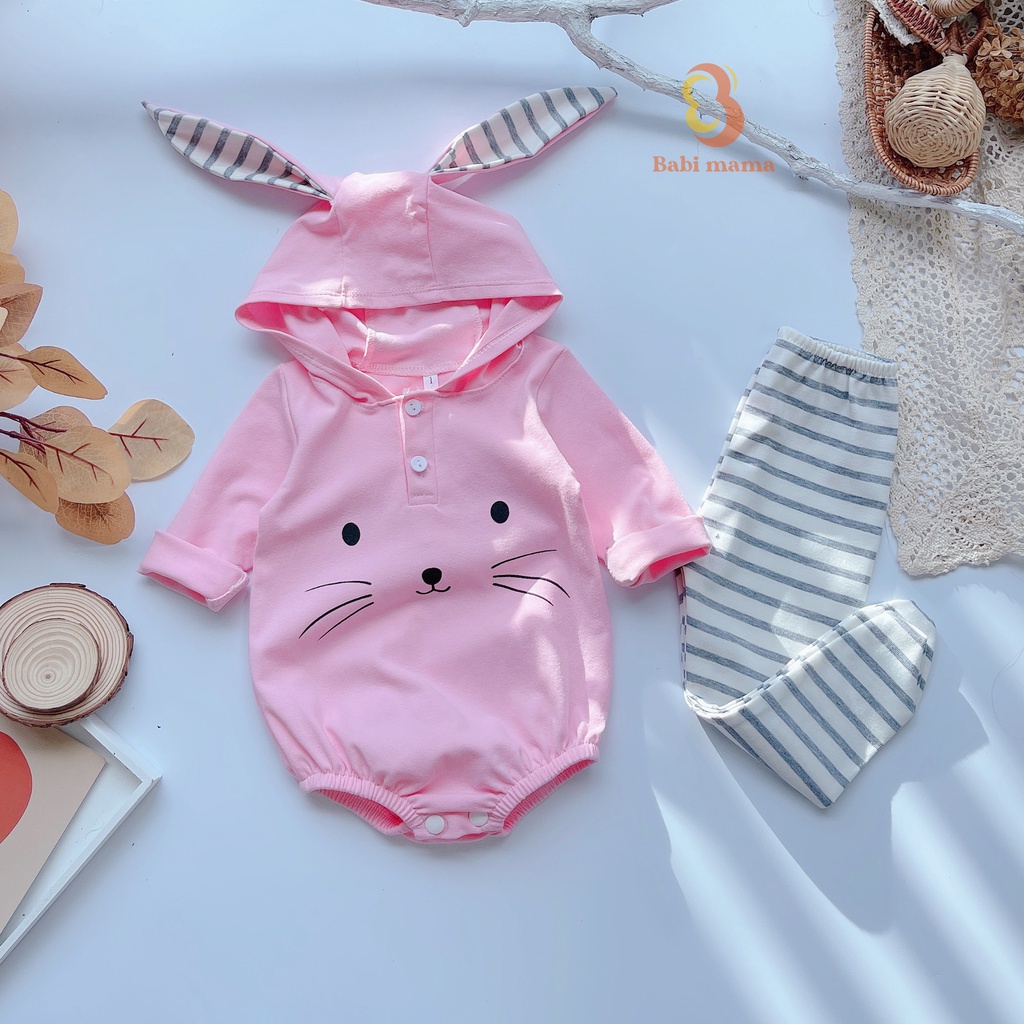 Quần Áo Trẻ Em Sơ Sinh Babi mama Bộ Đồ Bé Gái Body Rời Cotton Dài Tay Mũ Tai Thỏ Size 4-15kg SS06