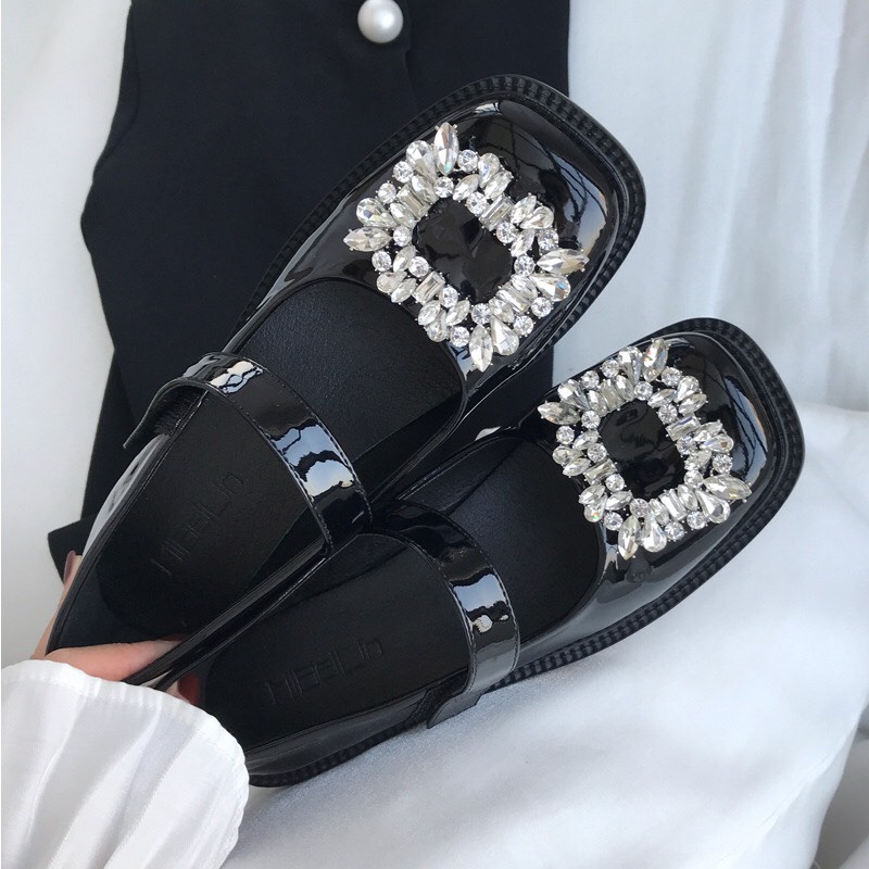 Giày búp bê marry jane gót vuông 2.5cm mặt đá quai dính ngang phong cách cổ điển mã V80