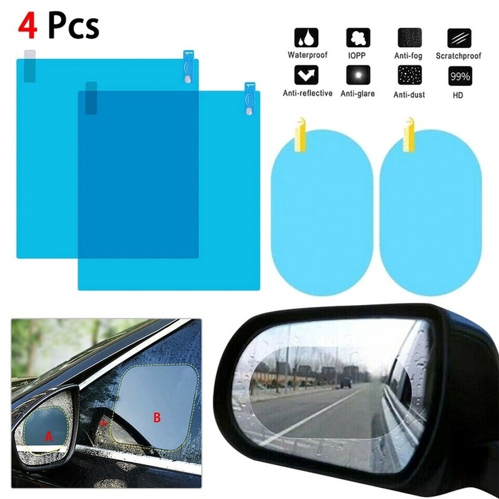 Set 4 miếng dáng chống đọng nước kính hông và gương chiếu hậu ô tô, Anti-Fogging Film Car Screen Protector