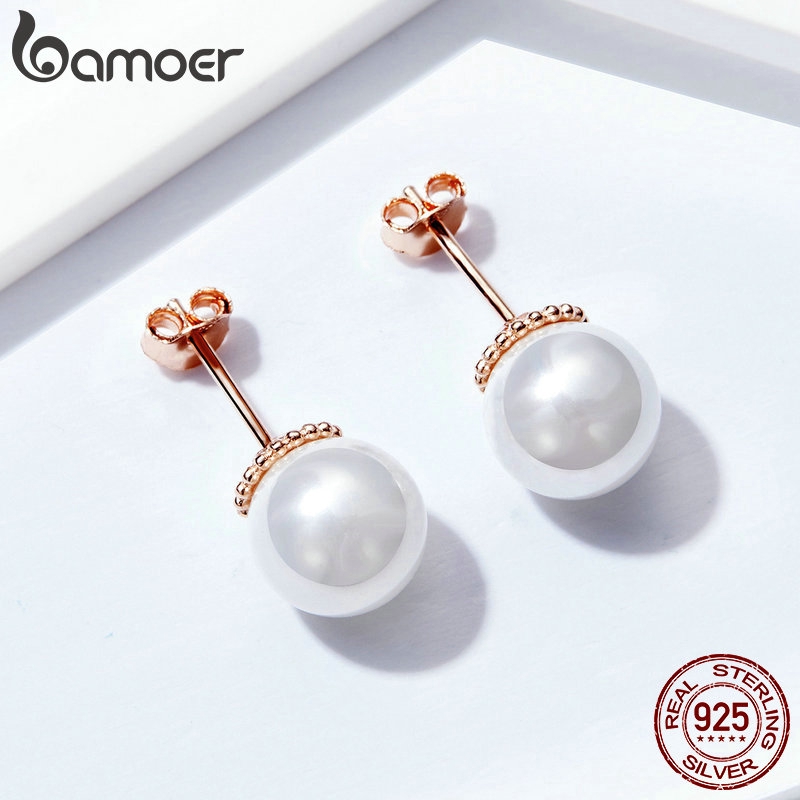 Khuyên Tai Bamoer Làm Từ Bạc 925 Đính Ngọc Trai Nhân Tạo Kiểu Dáng Thời Trang