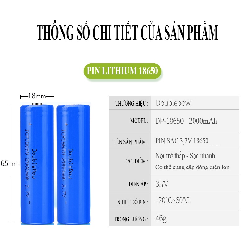 Pin sạc 18650 Lithium 2000mAh (xanh) đầu nhọn/bằng chính hãng Doublepow công suất cao