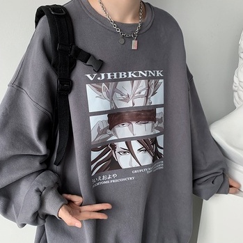 Áo sweater tay dài cổ tròn dáng rộng in họa tiết hoạt hình kiểu Hồng Kông thời trang mùa thu cho nam 2021
