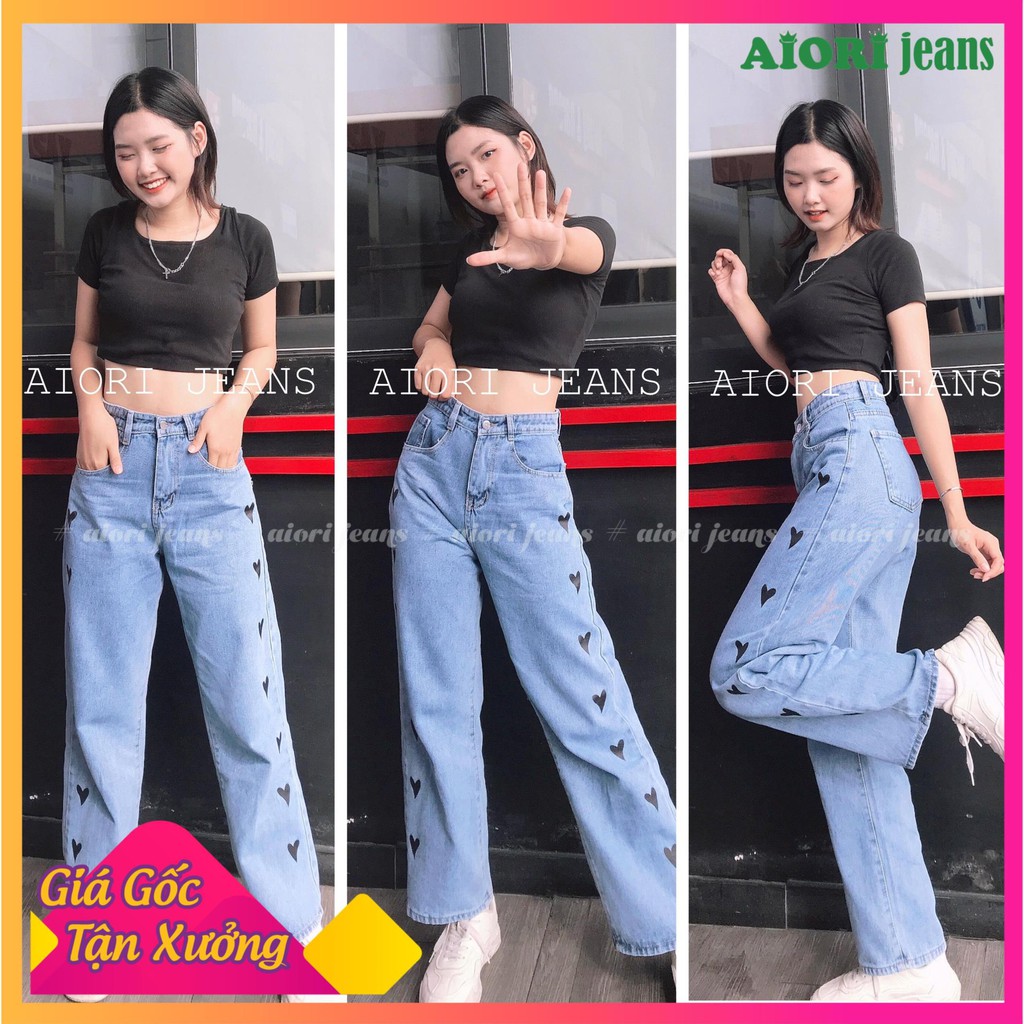 QUẦN JEANS SUÔNG ỐNG RỘNG LƯNG CAO, VẢI BÒ DÀY ĐẸP, HỌA TIẾT TRÁI TYM ĐEN THỜI TRANG