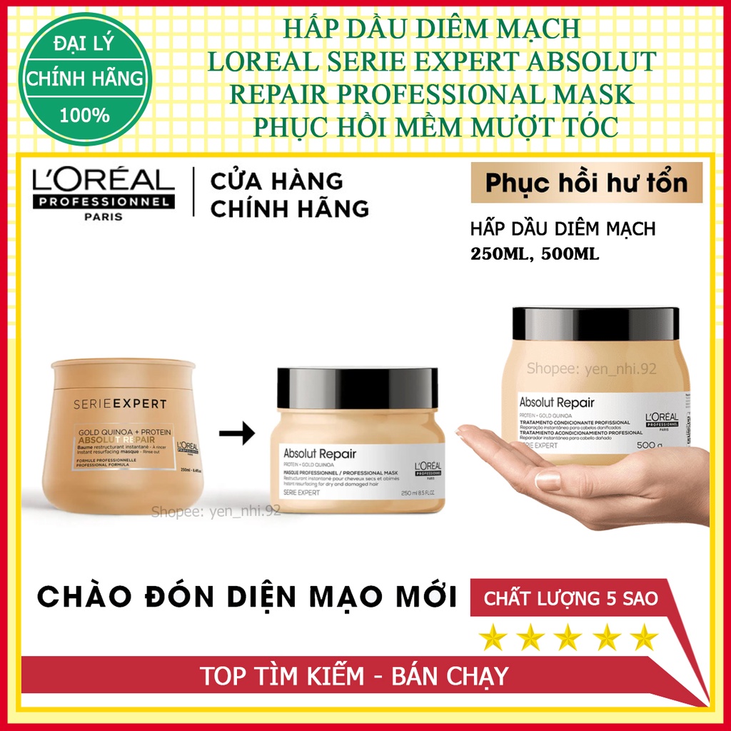 (CHÍNH HÃNG) HẤP DẦU DIÊM MẠCH L'OREAL SERIE EXPERT ABSOLUT REPAIR PROFESSIONAL MASK PHỤC HỒI MỀM MƯỢT TÓC