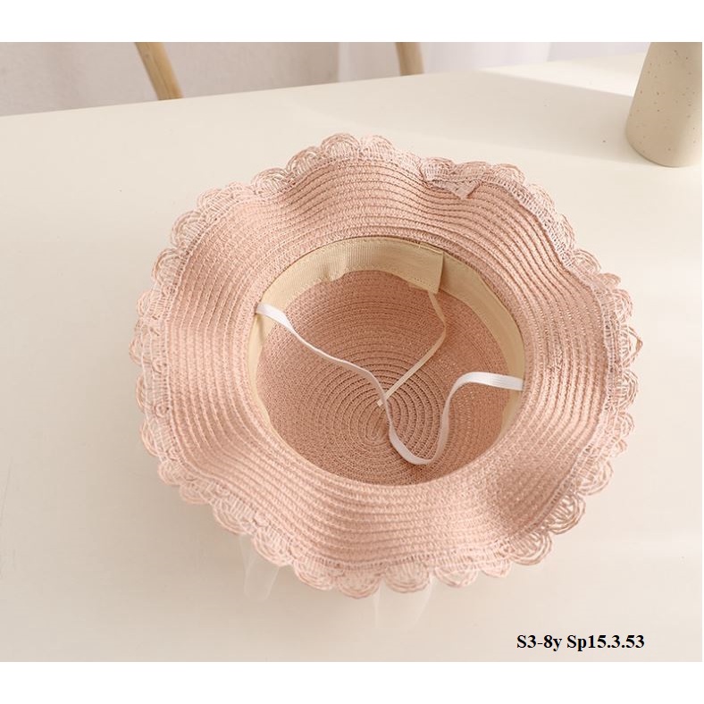 A23 Mũ cho bé/ Mũ cói đi biển cho bé gái/ Mũ cói vành rộng đính hình dễ thương,chống nắng cho bé  S3-6y