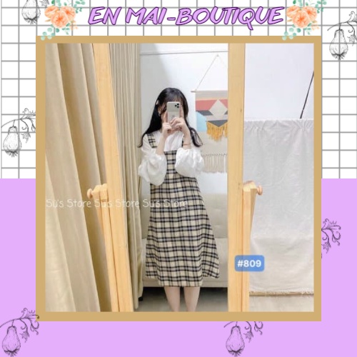 Set Yếm Kẻ Caro Áo Chun Tay Bồng Phối Yếm Dáng Rộng Unisex Thời Trang Hàn Quốc | BigBuy360 - bigbuy360.vn