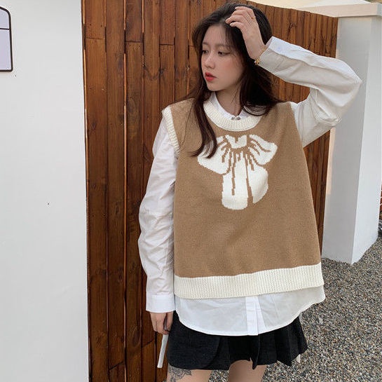 Set Áo Sơ Mi Tay Dài Và Áo Len Không Tay Cổ Chữ V Form Rộng Màu Sắc Thời Trang Hàn Quốc Cho Nữ