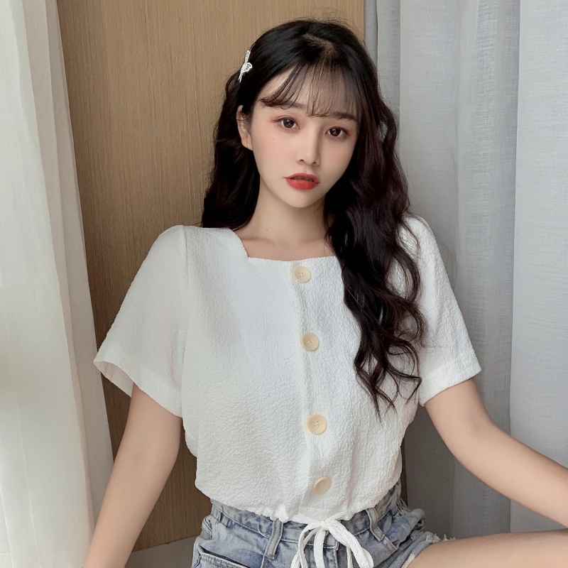 [Hàng Có Sẵn] Áo Tay Ngắn Cổ Vuông Eo Cao Rút Dây Phong Cách Hàn Quốc