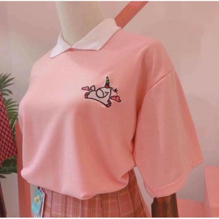 ÁO POLO UNICORNS MÂY HỒNG CUTE - ÁO THUN CỔ BẺ MIX CỔ TRẮNG THÊU HÌNH NGỰA HỒNG ULAZZANG