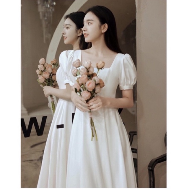 Váy trắng tiểu thư tùng Xoè tay phồng nơ lưng phong cách Vintage Witch