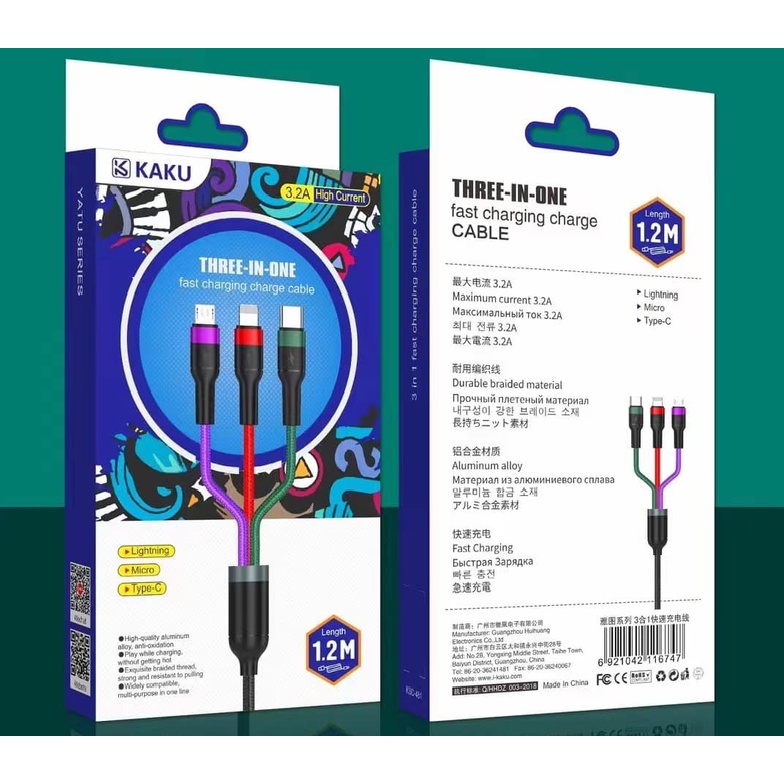 Cáp Sạc Nhanh 3 Đầu KAKU K481 - Dây Dù - NTH