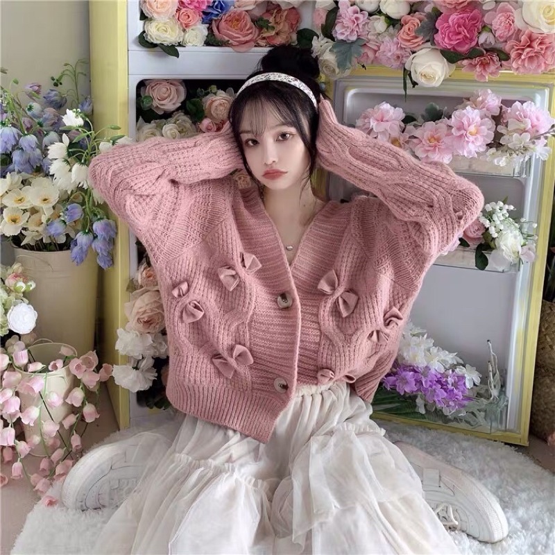 Áo khoác len áo khoác cardigan dáng ngắn hình nơ xinh xắn cho Nữ phong cách dễ thương
