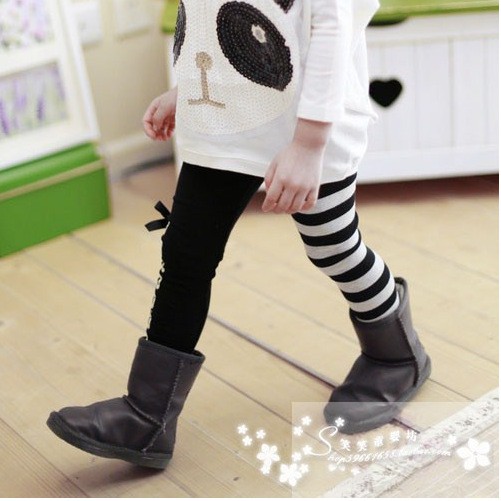 Quần legging kẻ sọc đen trắng đính nơ xinh xắn kiểu Hàn Quốc thời trang mùa thu cho bé gái
