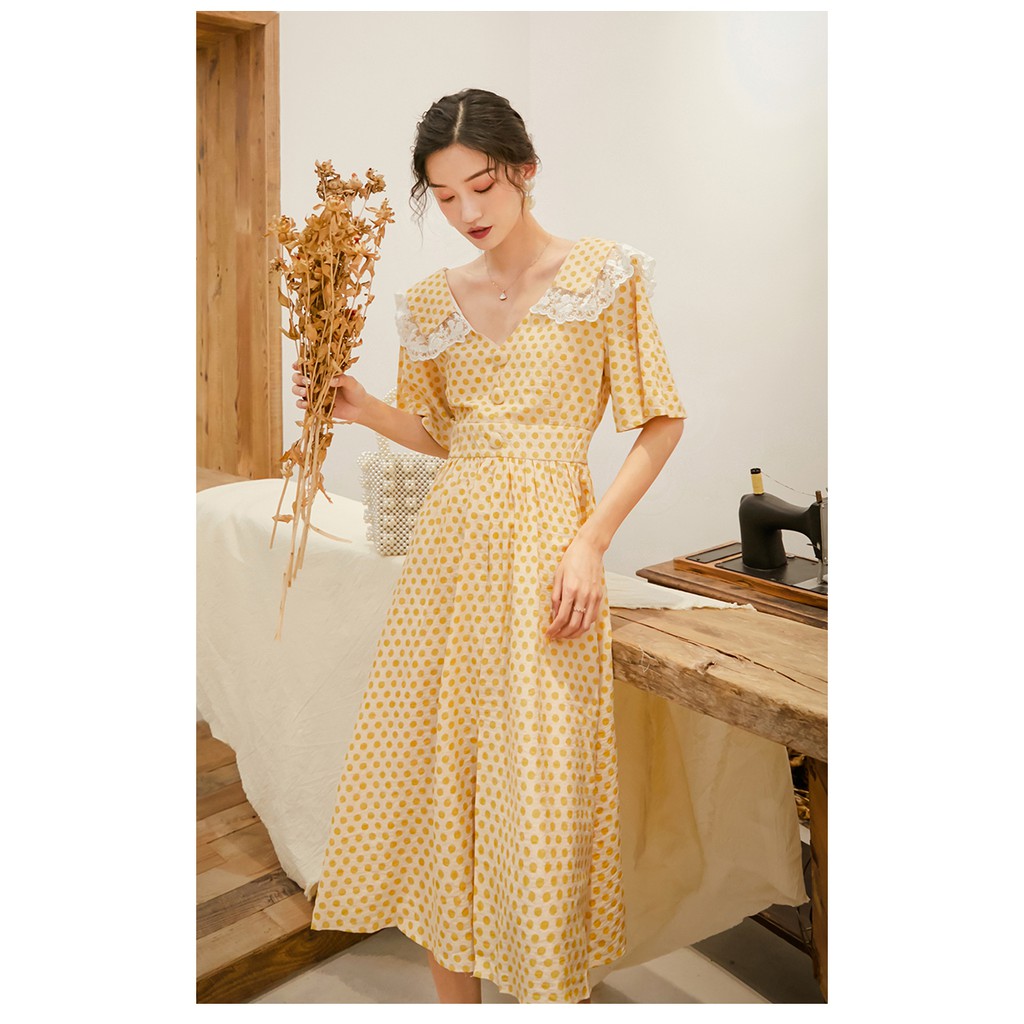 Đầm Chấm Bi Vàng - MUOJ - phong cách Vintage - Hàng Cao Cấp (ảnh thật hình 2-3) | BigBuy360 - bigbuy360.vn