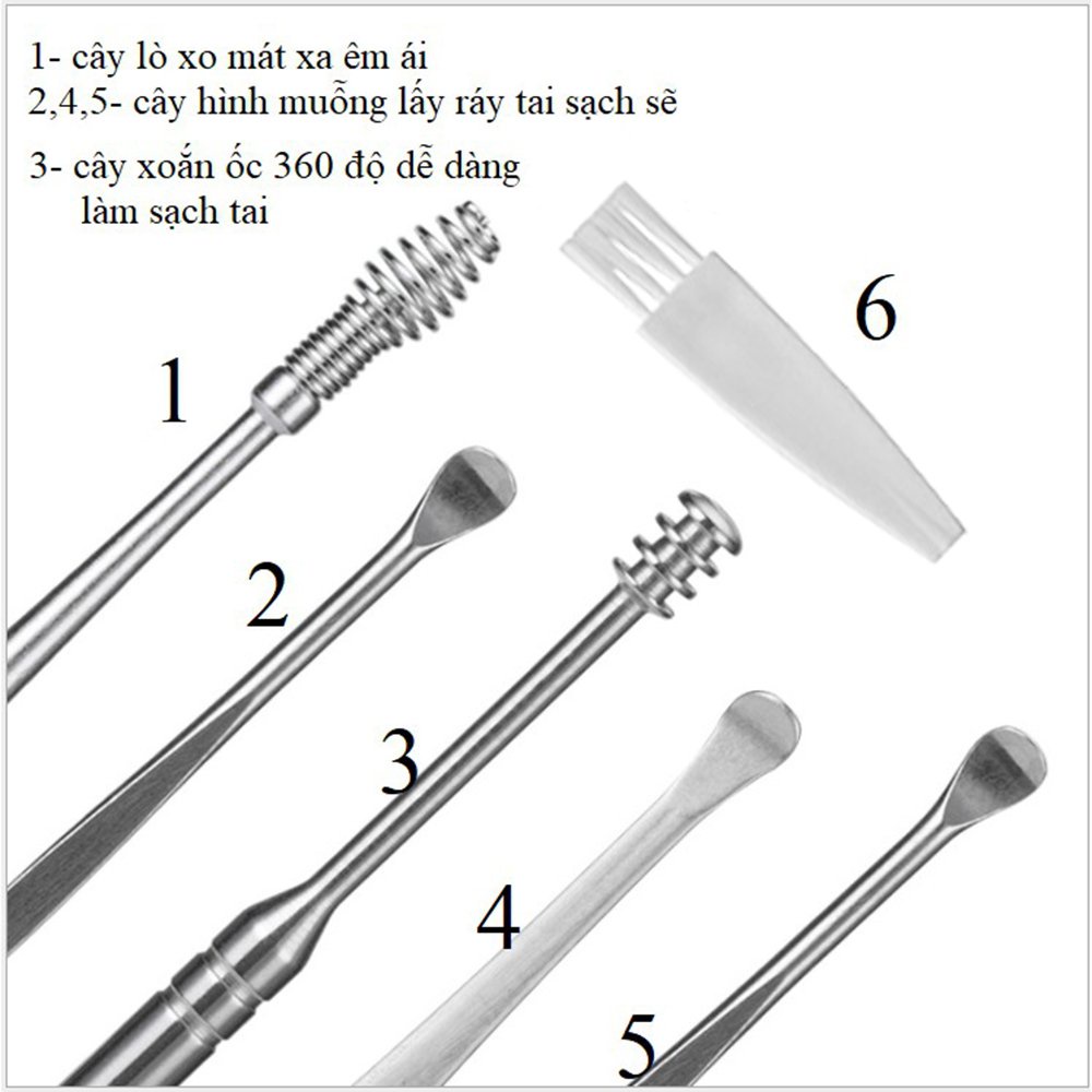 Dụng cụ lấy ráy tai Ngoáy tai 6 món cao cấp chất liệu thép không gỉ an toàn cho cả người lớn và trẻ nhỏ