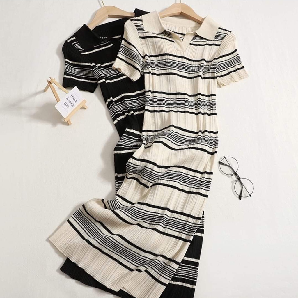 Đầm Len Kẻ Dáng Suông Cổ Sơ Mi ,Váy Đầm Polo Sọc Ngắn Tay Ôm Body Tôn Dáng ,Thun Len Qc
