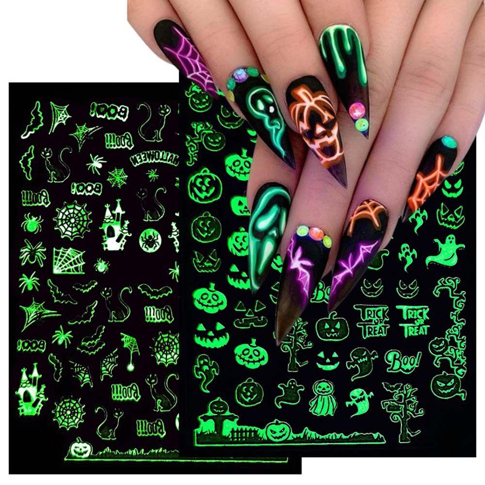 Miếng Dán Móng Dạ Quang Họa Tiết Bộ Xương / Dơi / Bí Ngô Phong Cách Halloween Thời Trang