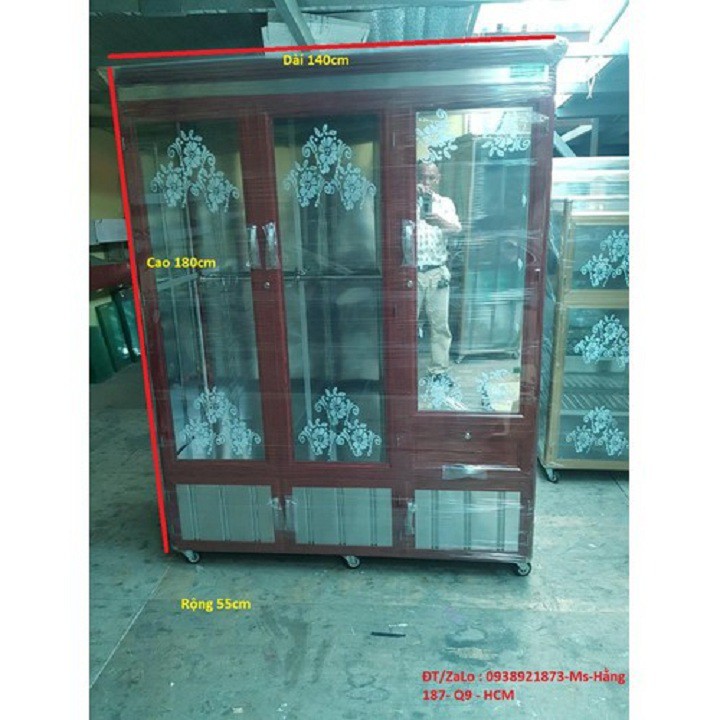 Tủ nhôm kính treo quần áo buồng có ngăn kéo KT: 140x55x180cm - TNKQAB1418