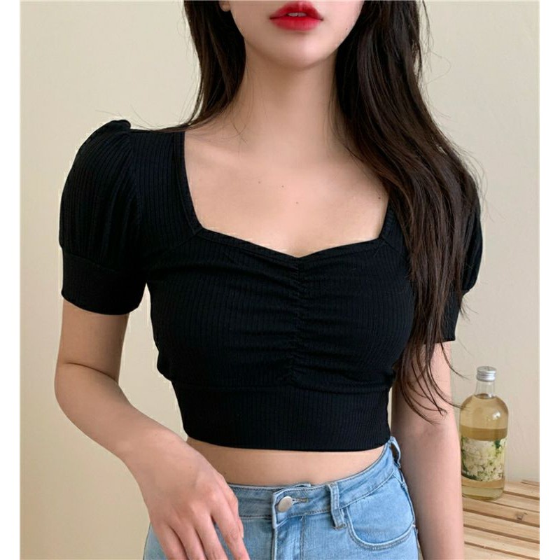 Áo Croptop Tay Phồng Ngắn Cổ Vuông Nhún Ngực Siêu Xinh Satiny DB63 | BigBuy360 - bigbuy360.vn