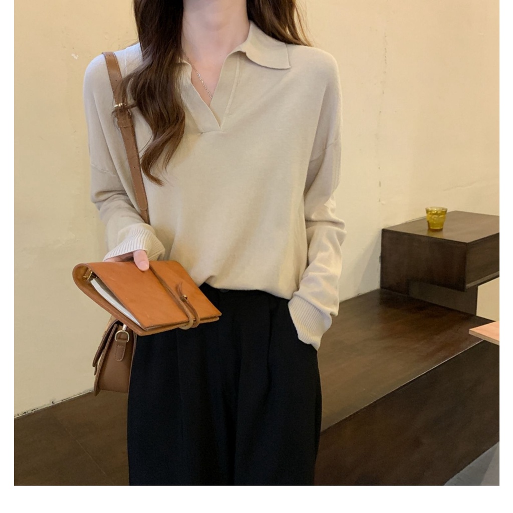 Áo ZHELIHANGFEI dệt kim tay dài cổ polo dáng rộng phong cách Nhật Bản dễ phối đồ cho nữ