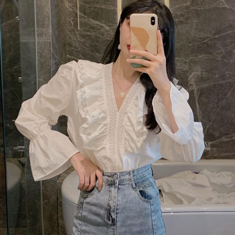 Áo Sơ Mi Tay Dài Phối Ren Xinh Xắn Thời Trang Dành Cho Nữ