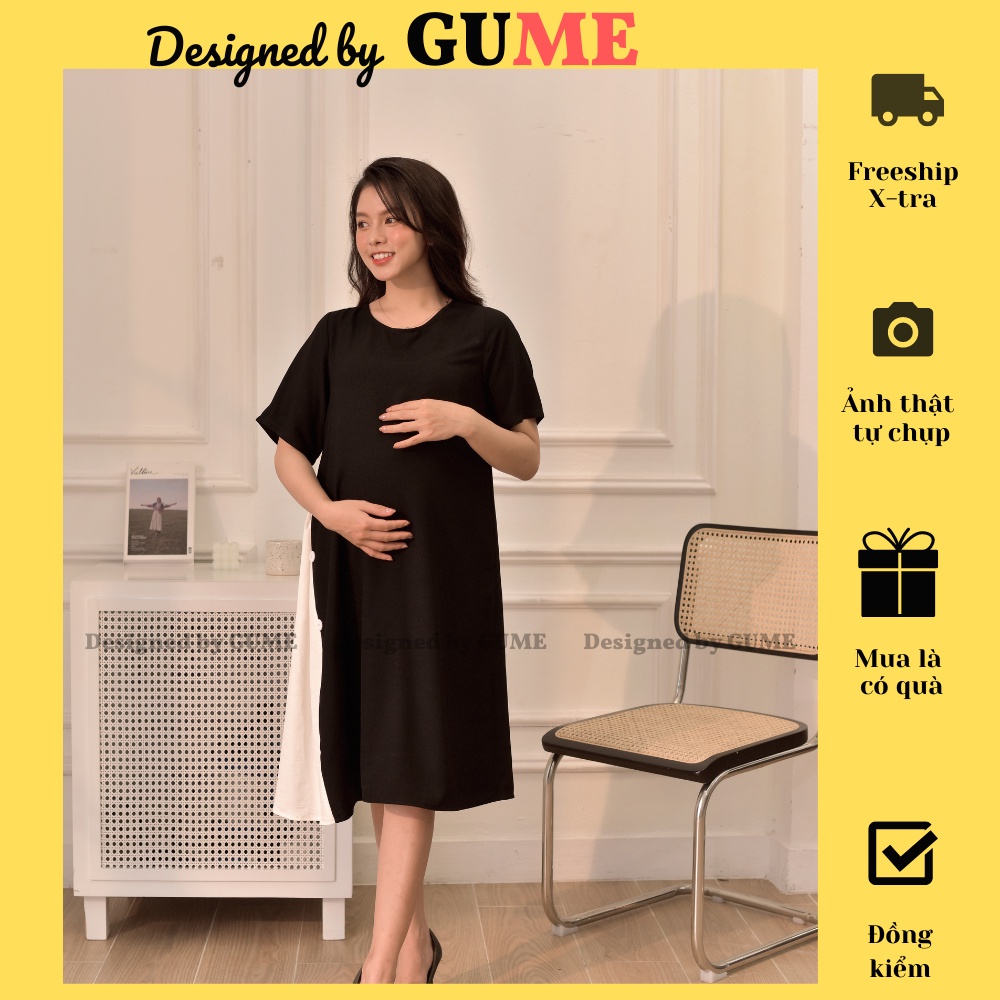 Đầm Bầu Công Sở - Váy Bầu GUME màu Đen dáng suông Cúc Chéo Phối Sườn Trắng chất vải sạn lụa size từ 40-100kg- MB141