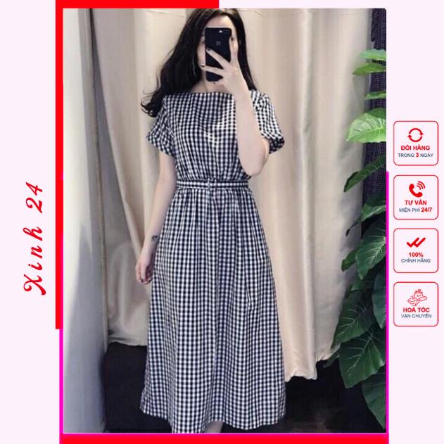 Đầm váy caro form dài kèm belt (kèm hình thật)