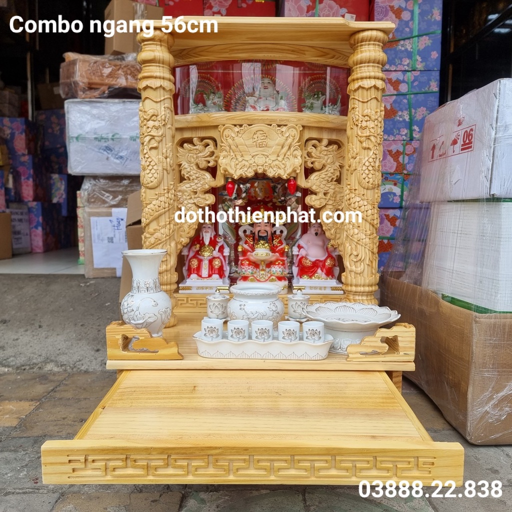 Combo bộ bàn thờ thần tài ông địa gỗ thông ngang 56cm quỳ trụ mẫu mới rất đẹp