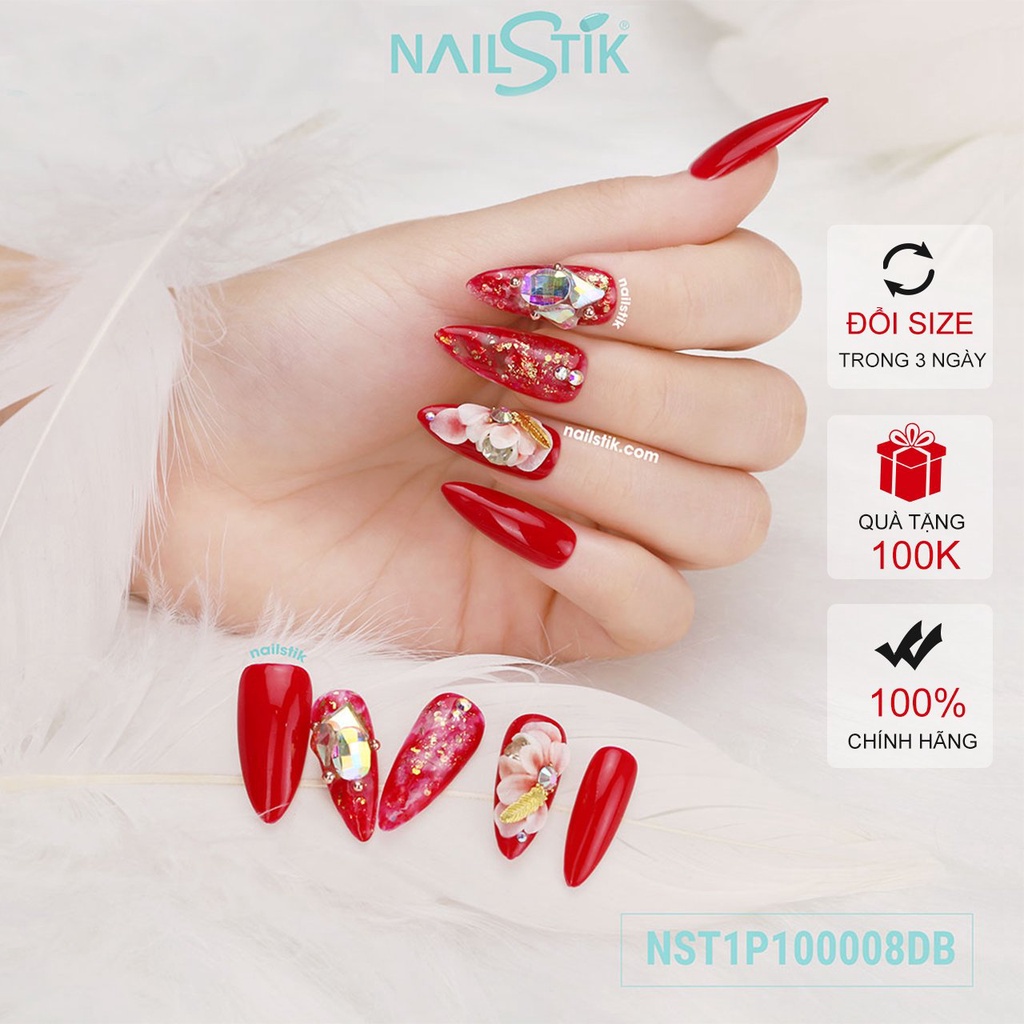 Móng úp thiết kế by NAILSTIK, màu đỏ tươi, form móng bầu, dài 008