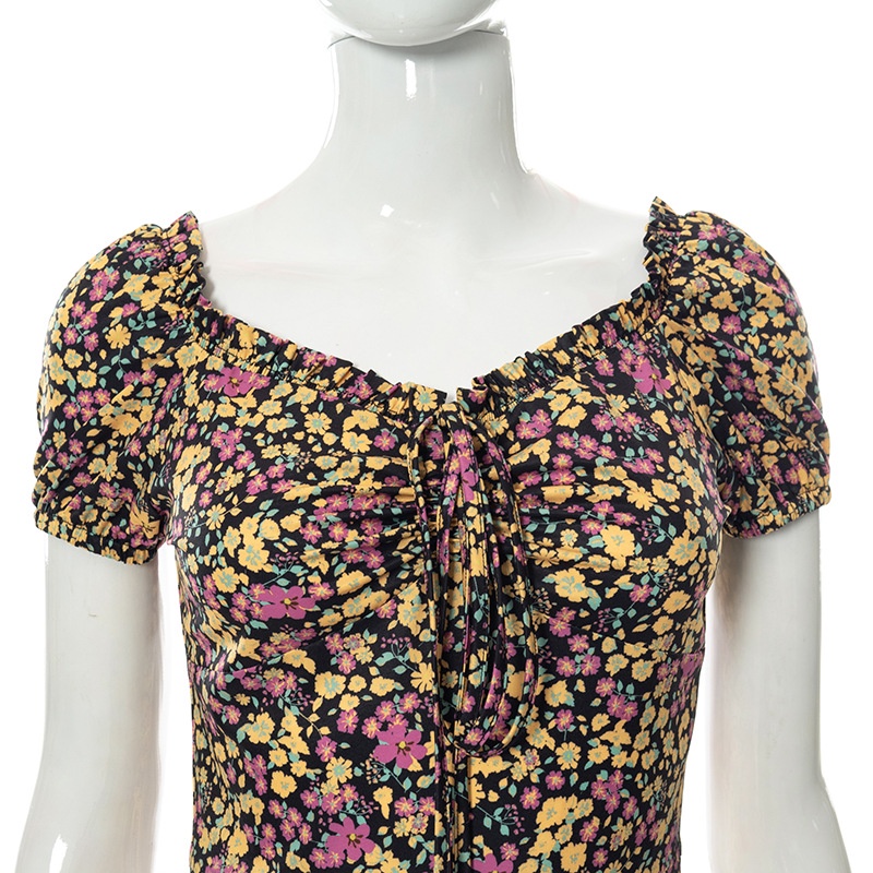 Đầm Tay Ngắn In Hoa Thiết Kế Xẻ Hợp Thời Trang Cho Nữ