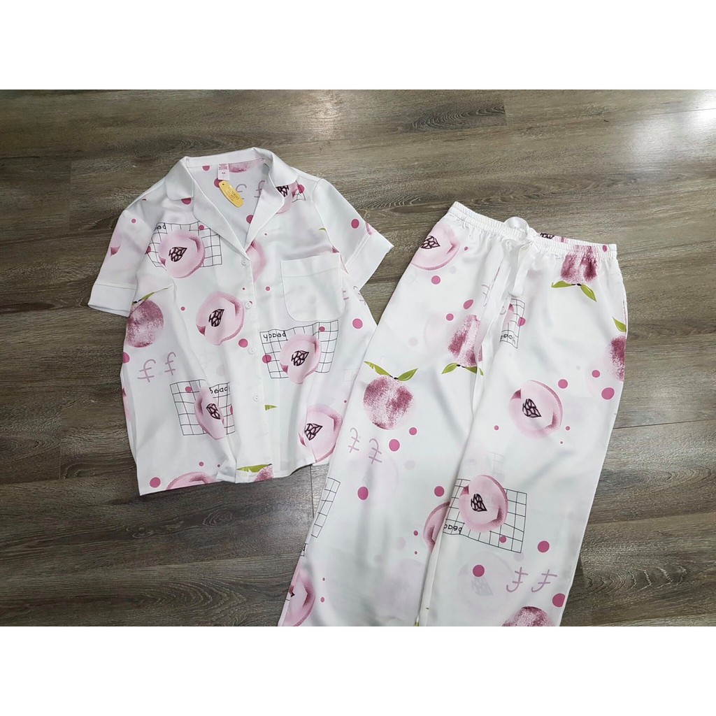 Bộ ngủ lụa Vic quần dài tay ngắn trái đào