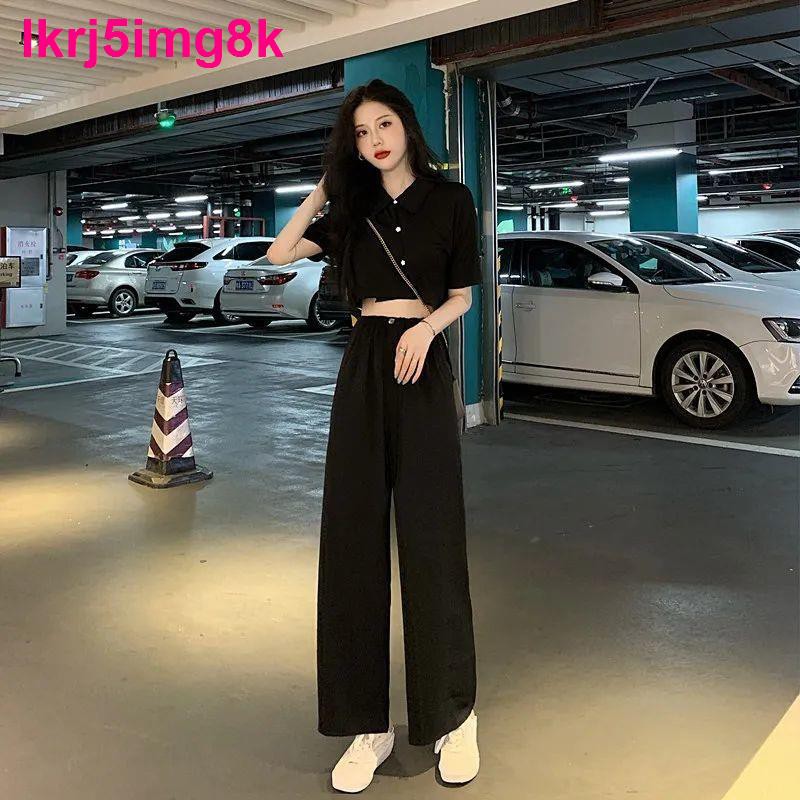 Phong cách mới mùa hè Hàn Quốc ngắn sexy crop top + cạp cao ôm thẳng quần ống rộng thời trang nữ áo hai dây <