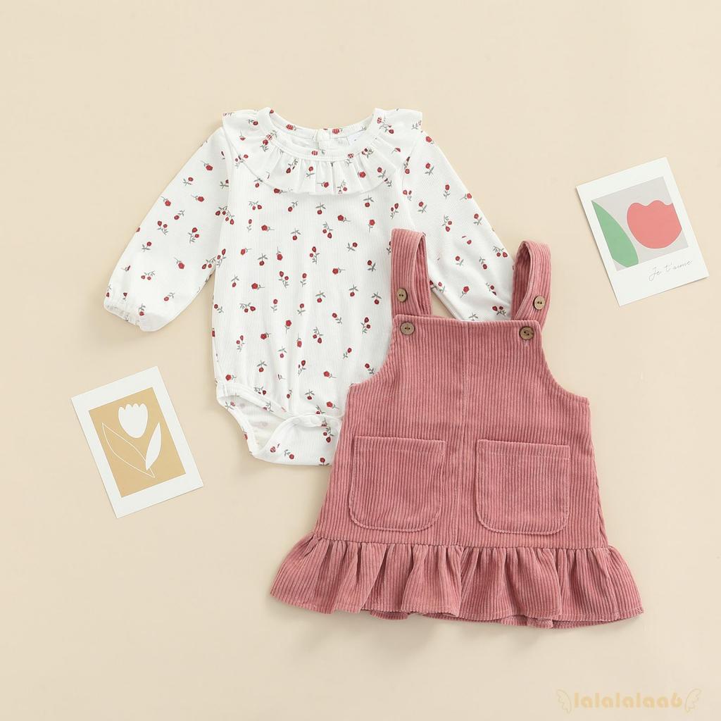 Set áo liền quần tay dài in hoa + váy yếm xòe màu sắc trơn thời trang xuân thu cho bé gái