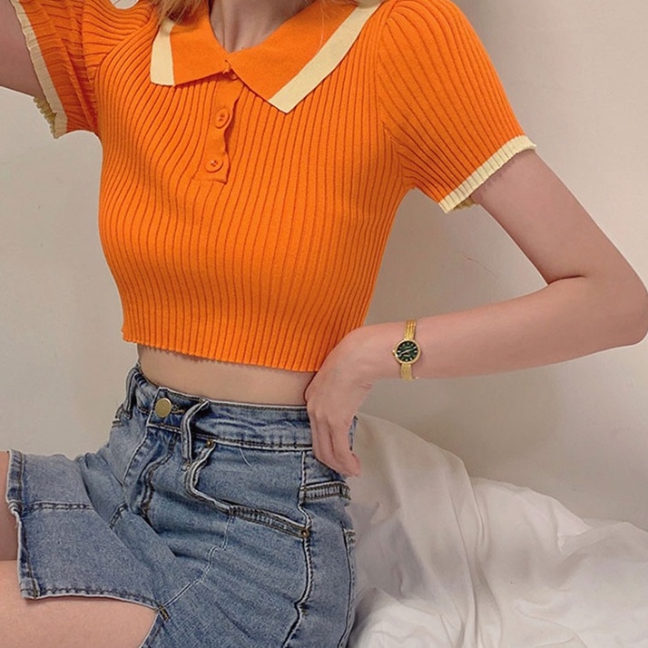 Áo croptop dệt kim tay ngắn cổ polo dễ phối đồ thời trang cho nữ