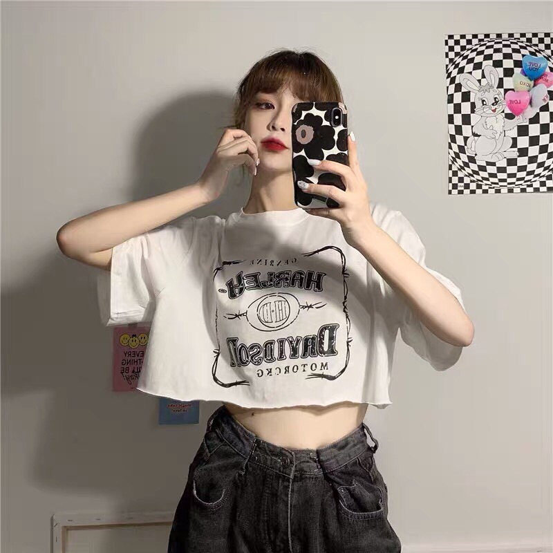 Áo Croptop Harley Unisex- Áo Croptop Cổ Tròn Chữ Harley Davidson Ngắn tay