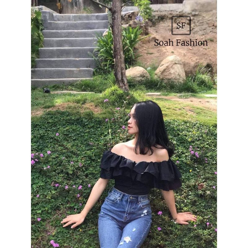 Áo Croptop Bèo Ngực 2 Tầng Dây Kéo Đồng màu đen