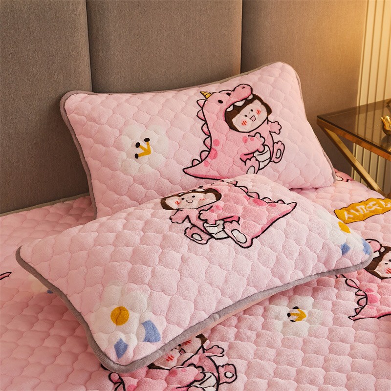Ga nỉ tuyết sữa trần bông, ga gối trần bông nỉ tuyết bọc đệm dày dặn mềm mịn ấm áp cho mùa đông tặng kèm 2 vỏ gối