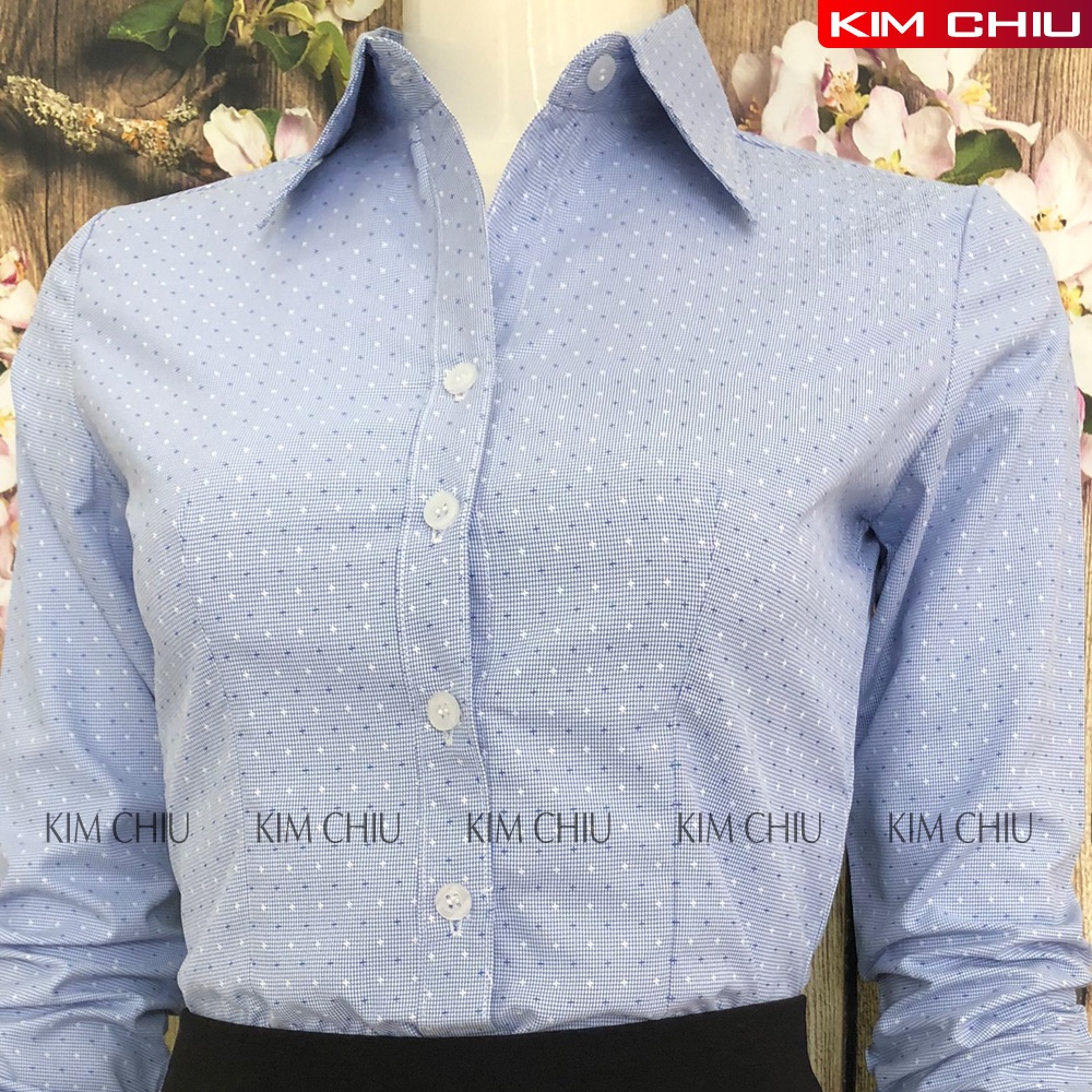 Áo Sơ Mi Nữ Công Sở Kẻ Caro Họa Tiết Sao, Màu Xanh Tay Dài Vải Kate Mỹ Đẹp Ít Nhăn Giãn Nhẹ. SMTD01