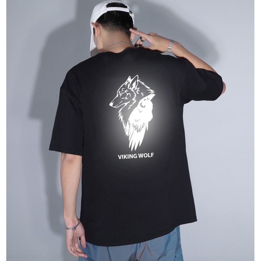 Áo thun unisex tay lỡ in CHÓ SÓI phản quang phát sáng