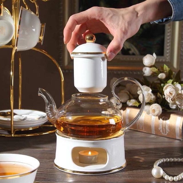 Bộ ấm trà trắng viền vàng bình thủy tinh chén sứ kèm khay cao cấp - VS105