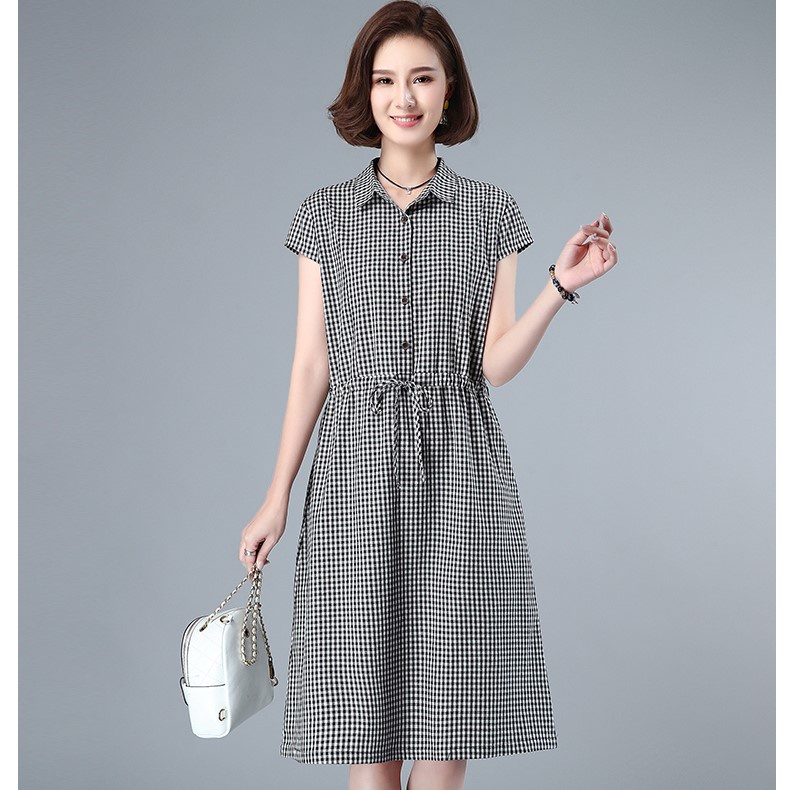 {Ảnh Thật} Váy nữ kẻ caro rút eo, chất vải thô đũi mềm mát, thời trang cho phái nữ DA73
