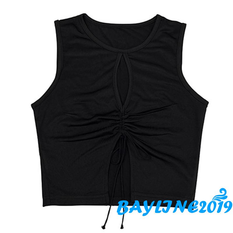 Áo croptop không tay màu trơn thiết kế khoét lỗ có dây rút thời trang mùa hè màu đen cho nữ
