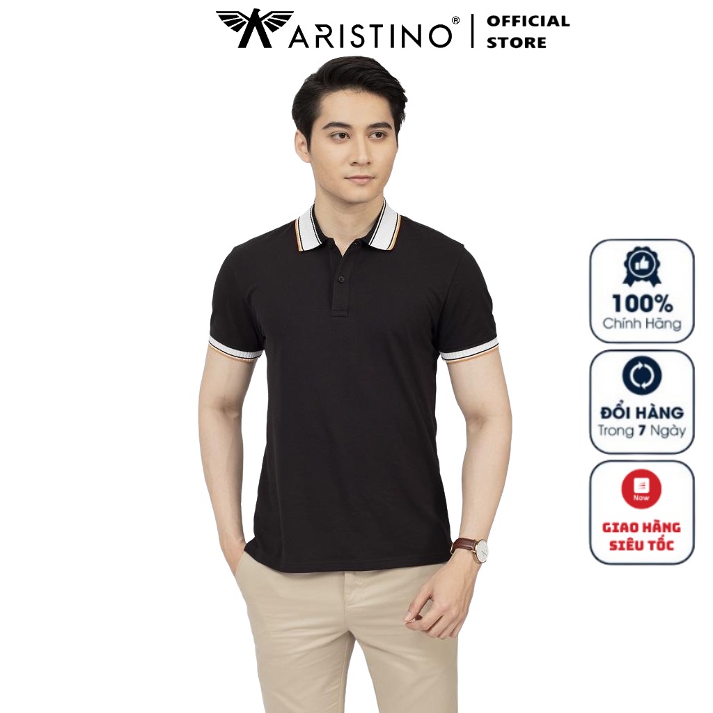 Áo Thun Polo Ngắn Tay Có Cổ Bẻ Aristino APS120S2 Áo Phông Màu Đen Phối Cổ Trắng Chất Liệu Cotton Mềm Mát Dáng Suông