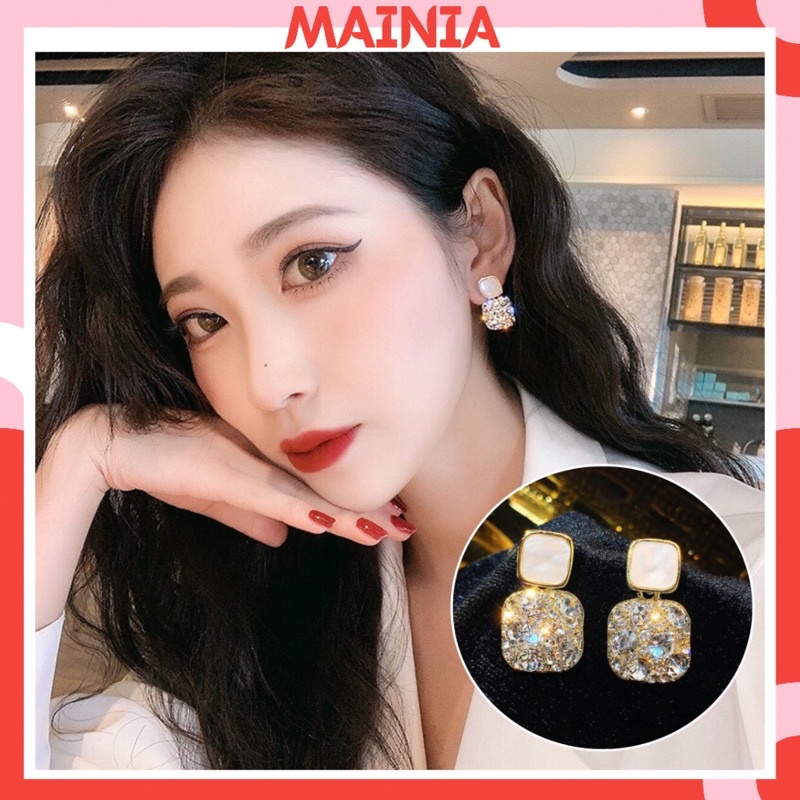 Bông Tai Hàn Quốc Hình Vuông Đính Đá Sang Trọng Quý Phái Mainia Shop