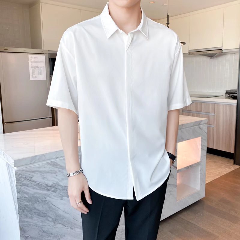 Áo sơ mi rộng tay ngắn unisex nam nữ GIẤU NÚT chuẩn form Hàn Quốc vải lụa mềm mịn mát 40-90kg MRN02