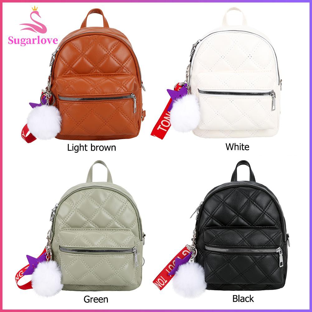 Beautiful※PU Leather School Backpack Lattice Pattern Women Pompom Shoulder Messneger Bags